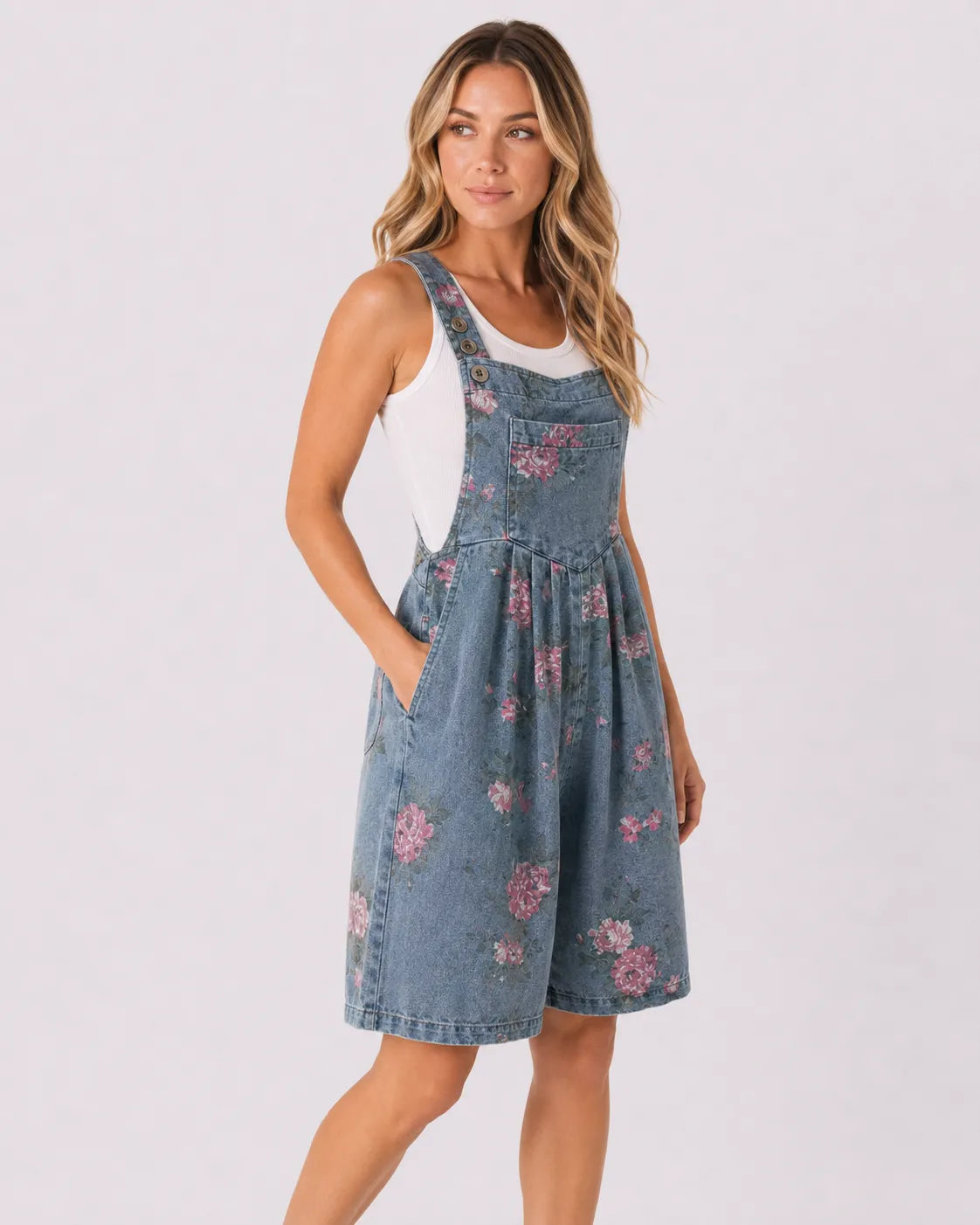 Salopette Short Denim Fleuri Femme