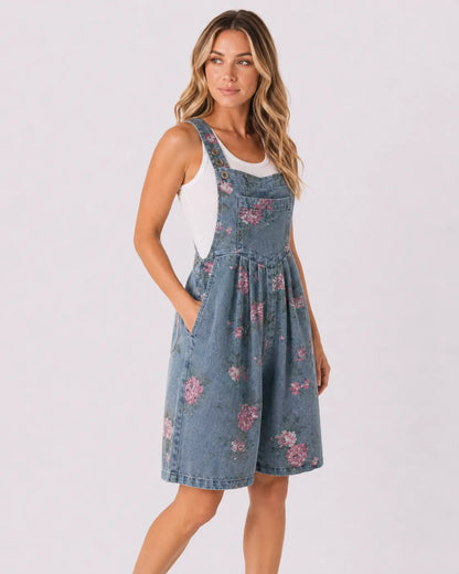 Salopette Short Denim Fleuri Femme