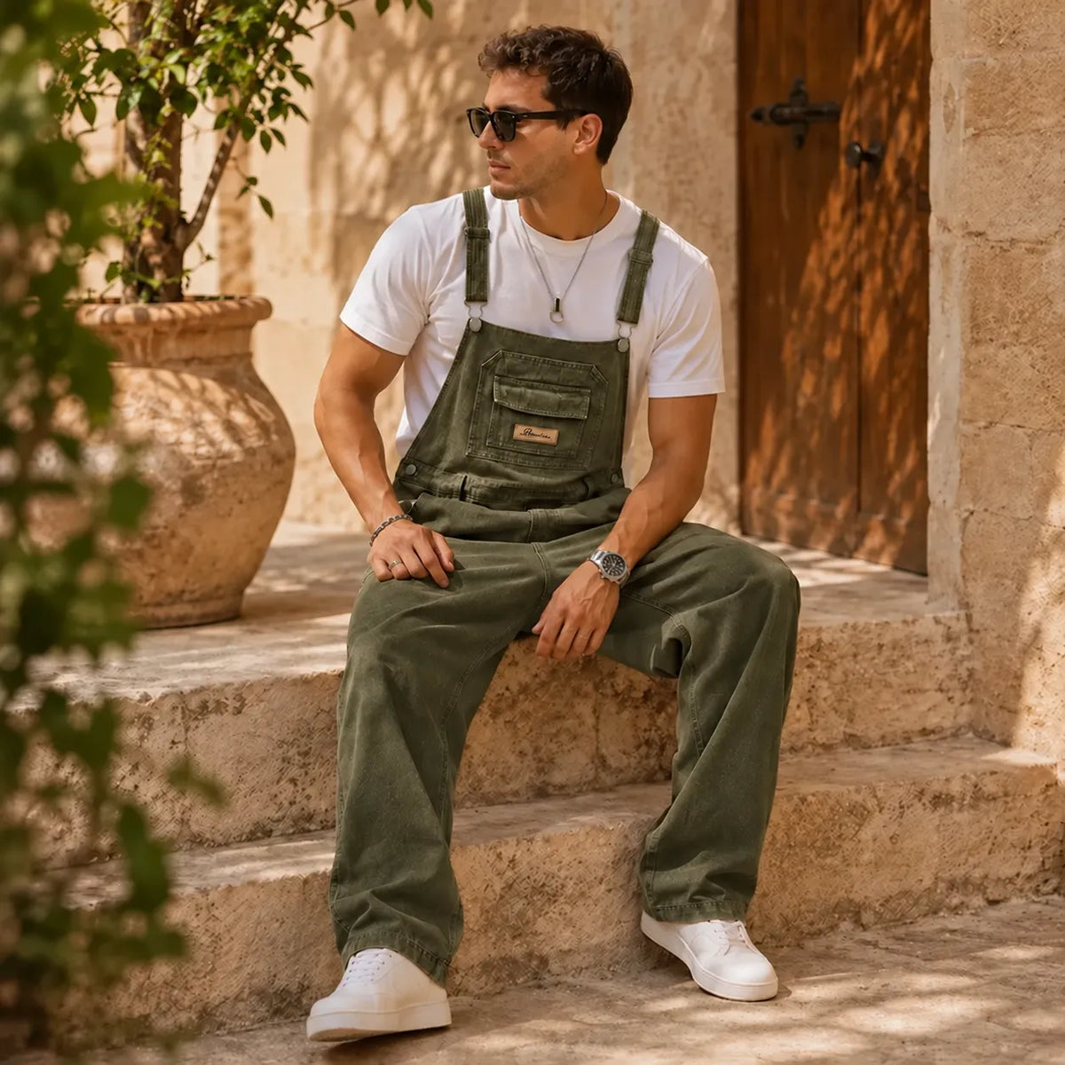Salopette en denim kaki esprit workwear