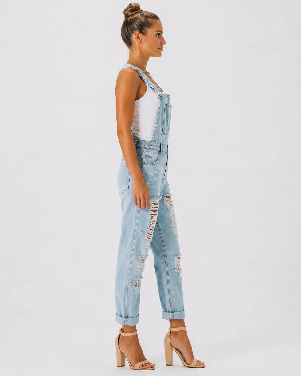 Salopette Femme en Jean Déchiré à Revers
