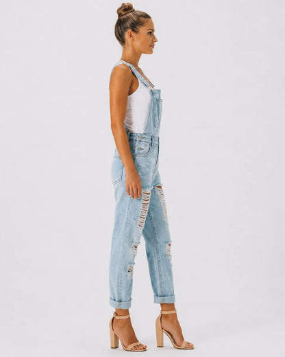 Salopette Femme en Jean Déchiré à Revers