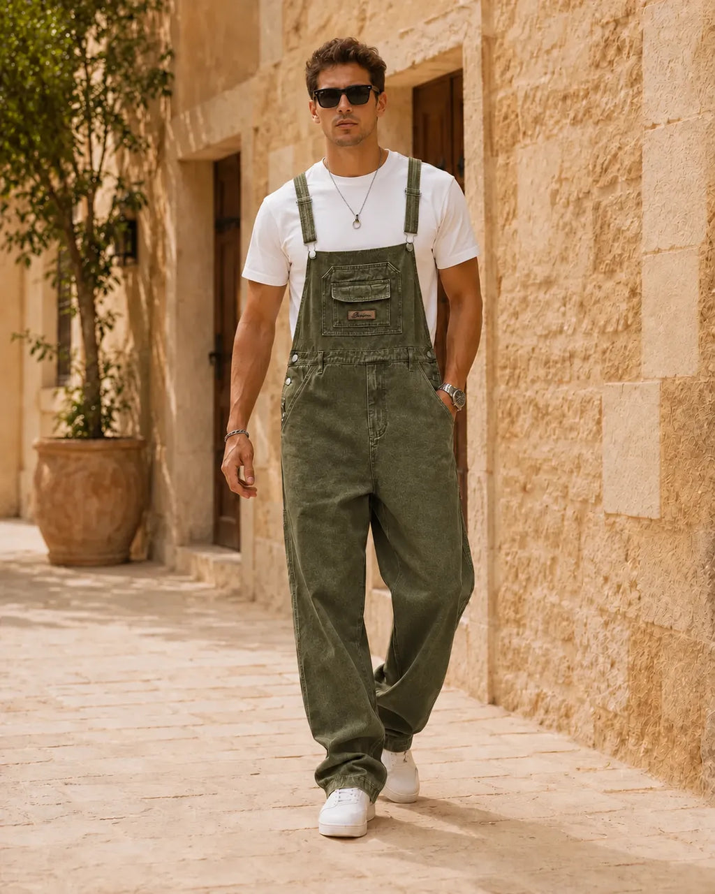 Salopette en denim kaki esprit workwear