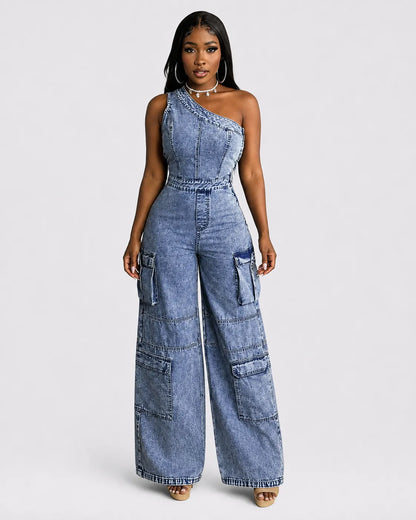 Combinaison Cargo Denim Large Femme