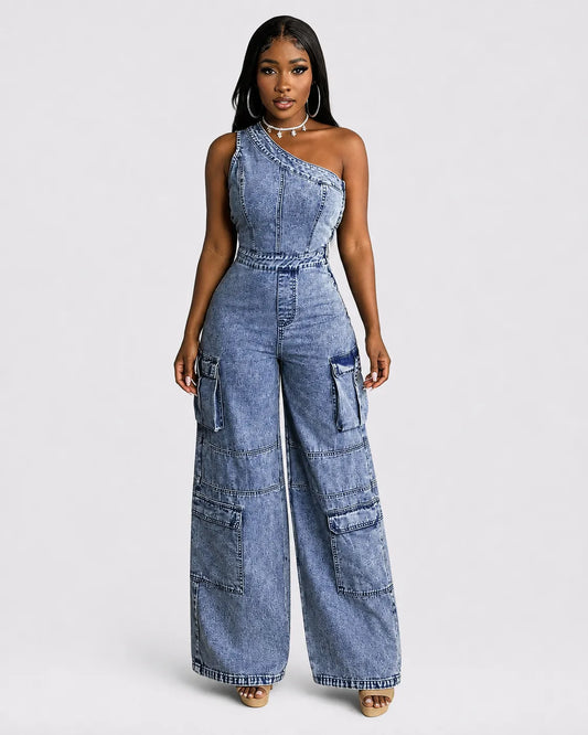 Combinaison Cargo Denim Large Femme