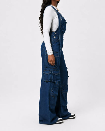 combinaison Denim Bleu Cargo Délavée