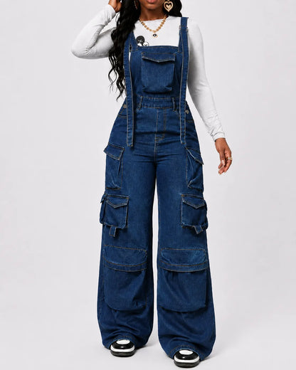 combinaison Denim Bleu Cargo Délavée
