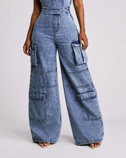 Combinaison Cargo Denim Large Femme
