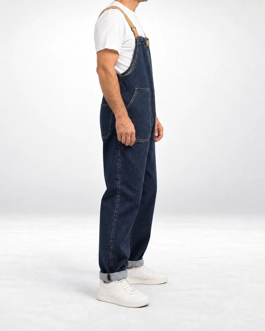 Salopette denim à bretelles contrastées