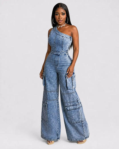 Combinaison Cargo Denim Large Femme