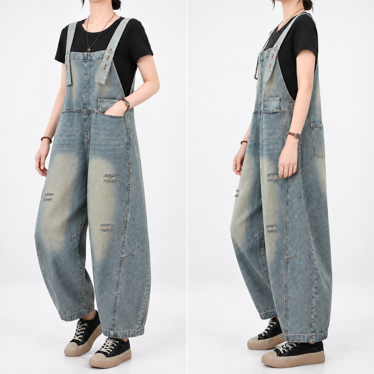 Salopette en jean délavé à effet usé