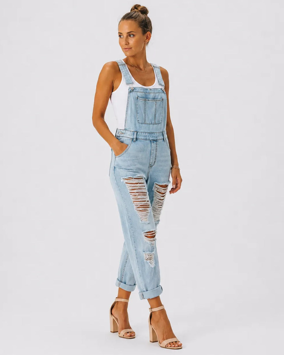 Salopette Femme en Jean Déchiré à Revers