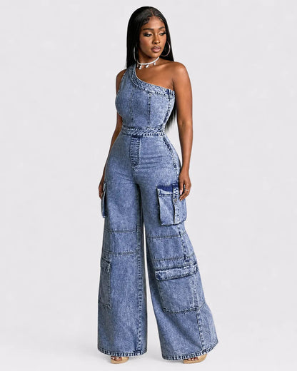 Combinaison Cargo Denim Large Femme