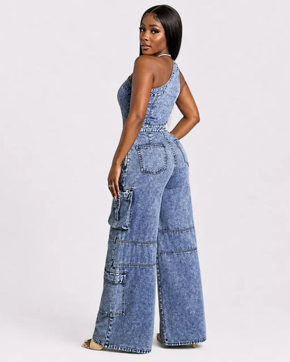 Combinaison Cargo Denim Large Femme