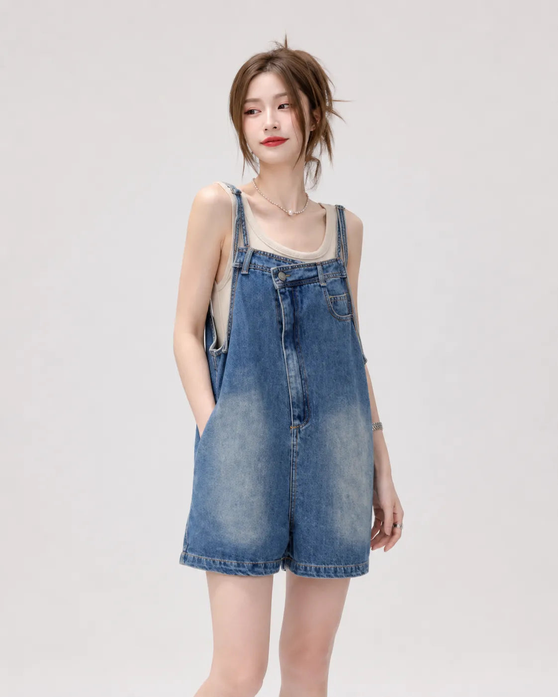 Salopette Short Denim Délavée Femme