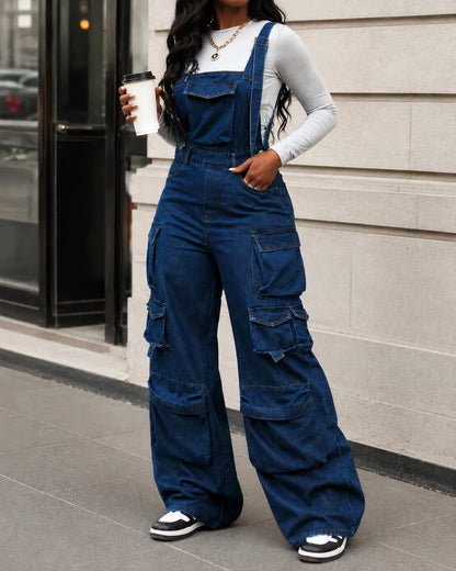 combinaison Denim Bleu Cargo Délavée
