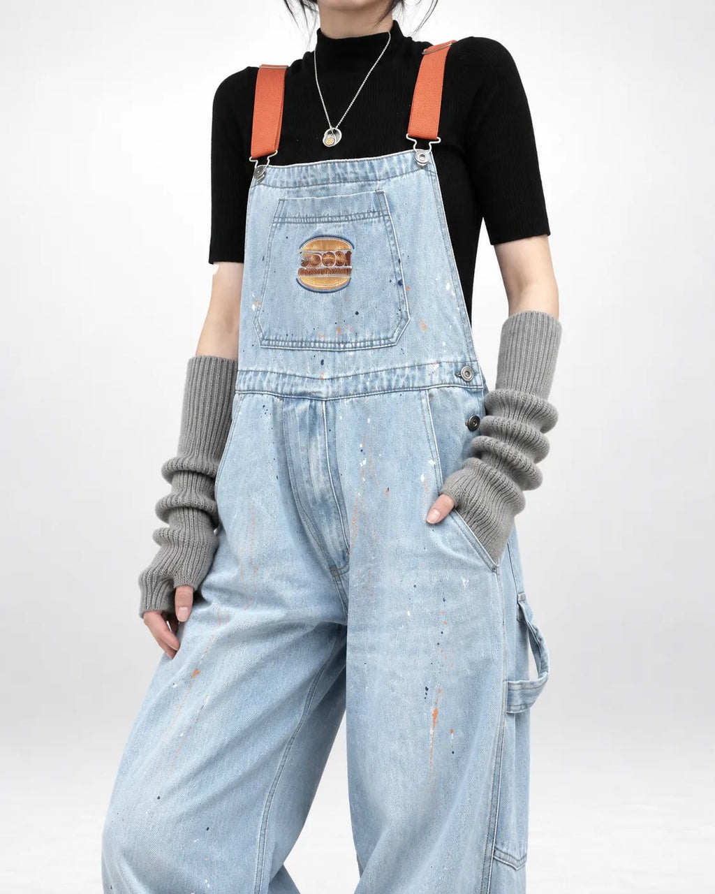 Salopette denim à bretelles orange