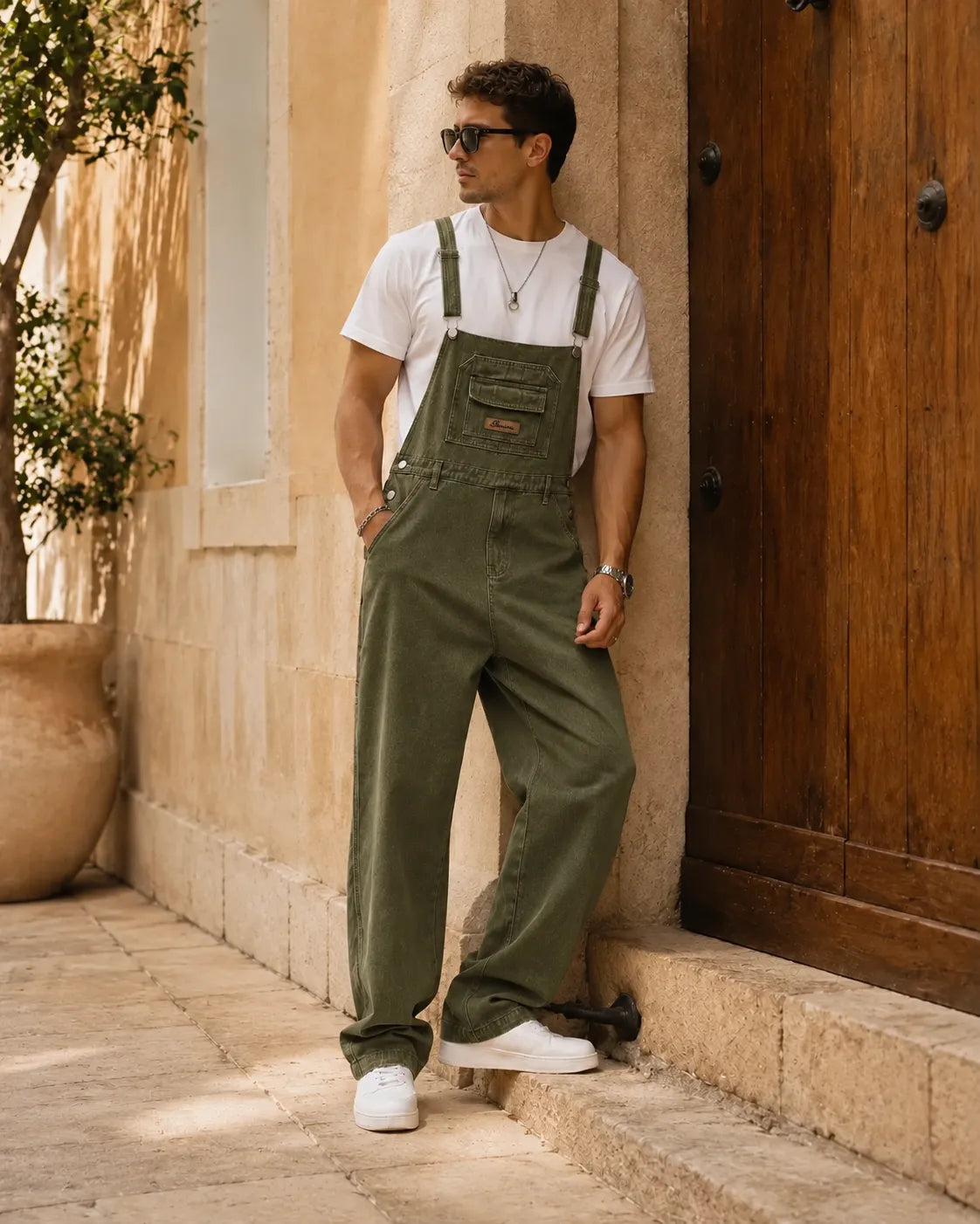 Salopette en denim kaki esprit workwear