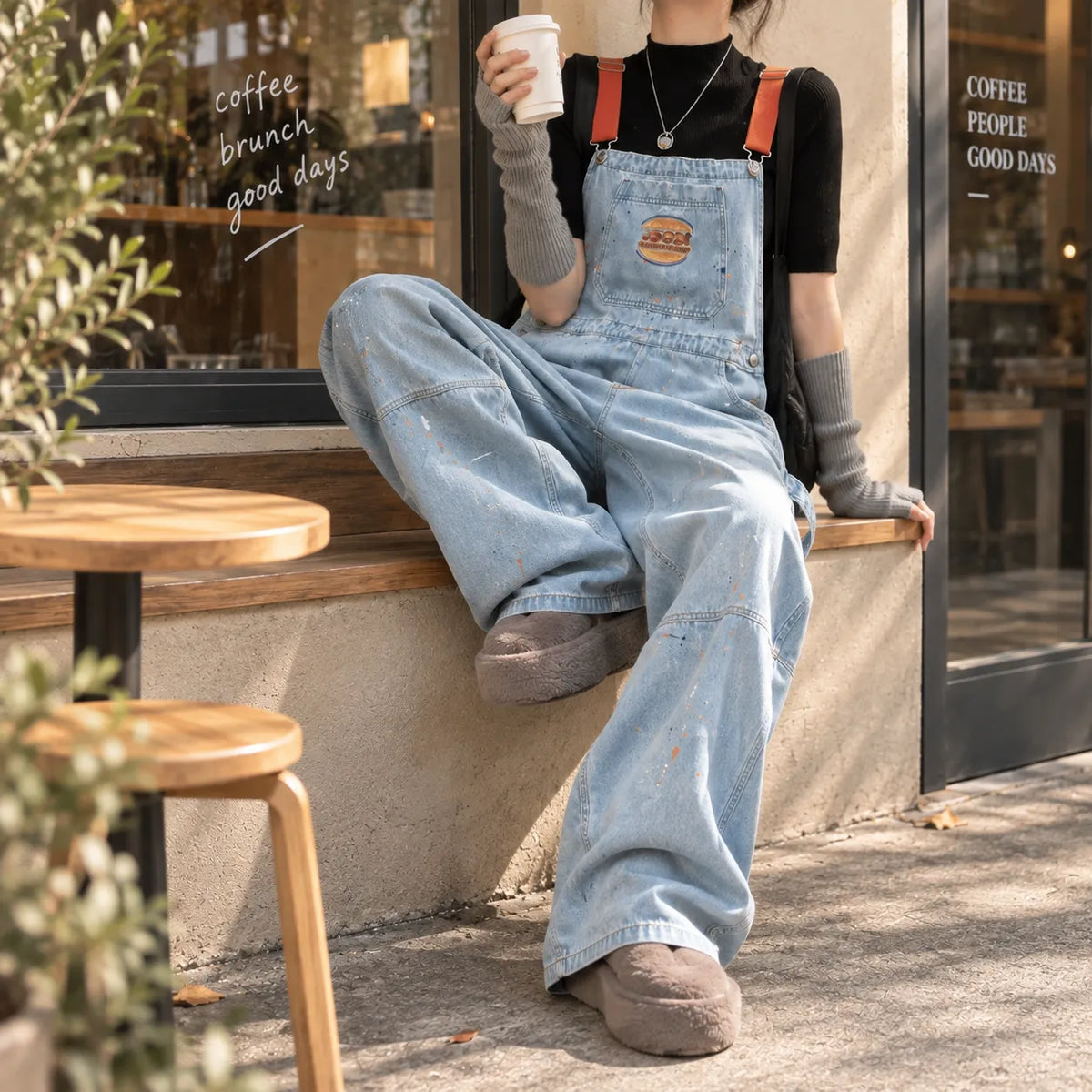 Salopette denim à bretelles orange