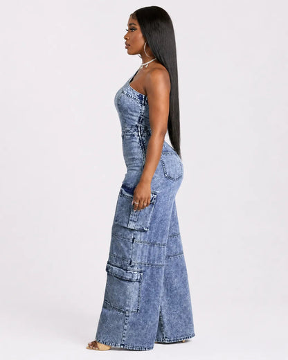 Combinaison Cargo Denim Large Femme