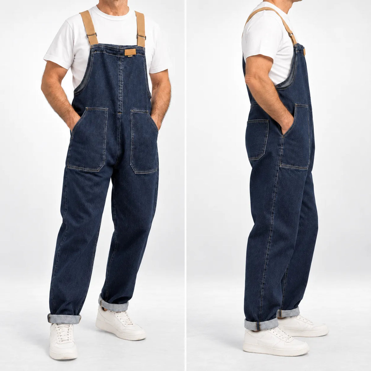 Salopette denim à bretelles contrastées
