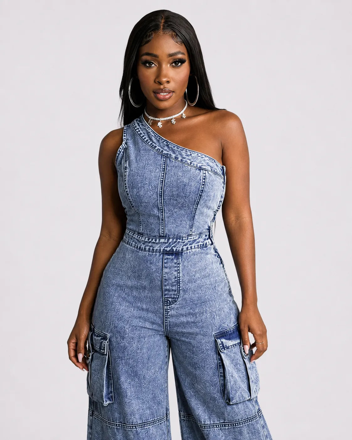 Combinaison Cargo Denim Large Femme
