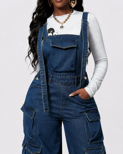 combinaison Denim Bleu Cargo Délavée