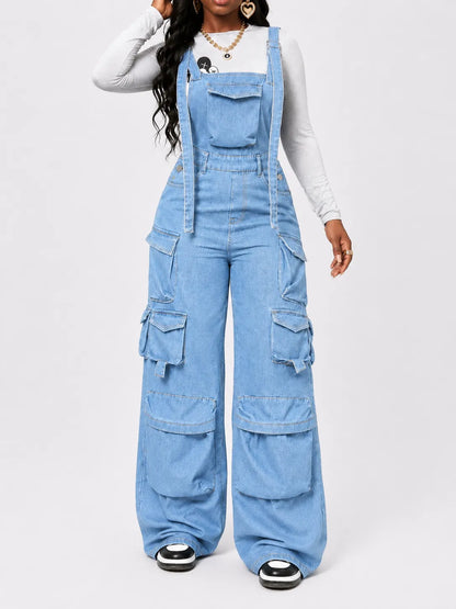 combinaison Denim Bleu Cargo Délavée