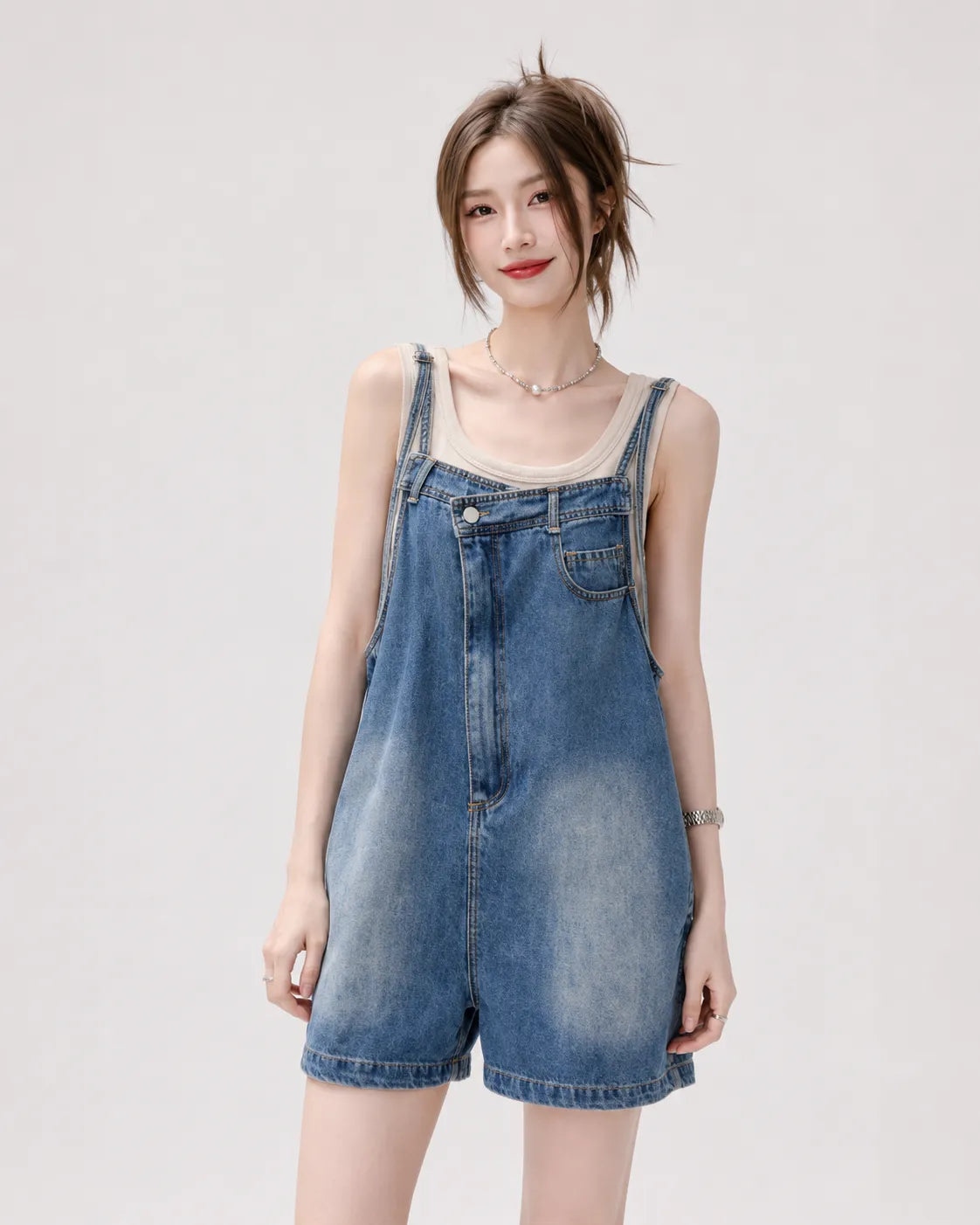 Salopette Short Denim Délavée Femme