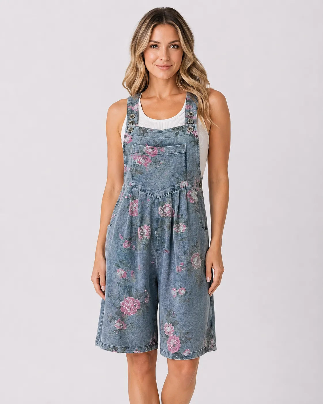 Salopette Short Denim Fleuri Femme
