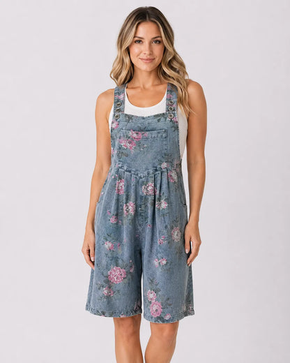 Salopette Short Denim Fleuri Femme