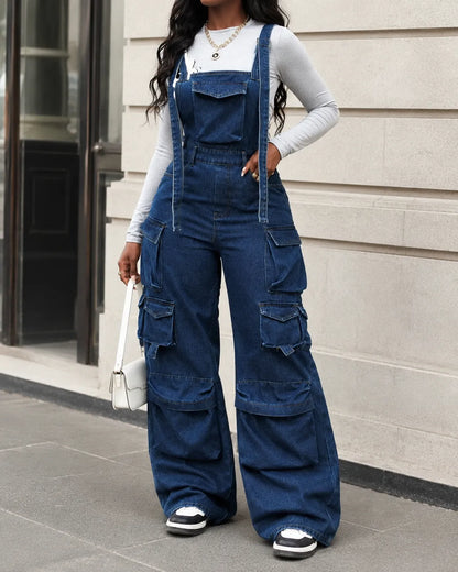 combinaison Denim Bleu Cargo Délavée