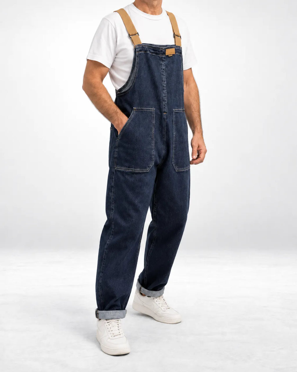 Salopette denim à bretelles contrastées