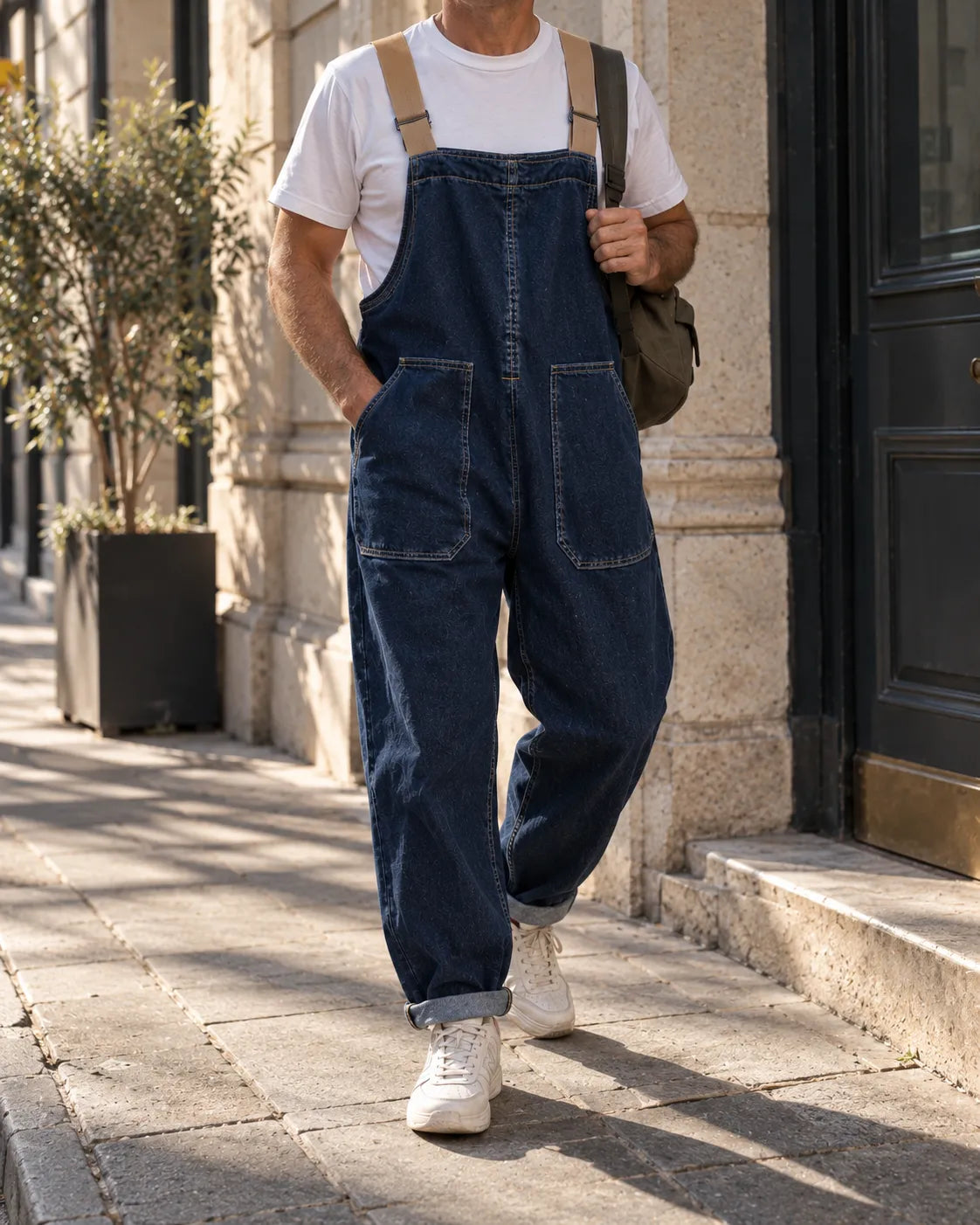 Salopette denim à bretelles contrastées