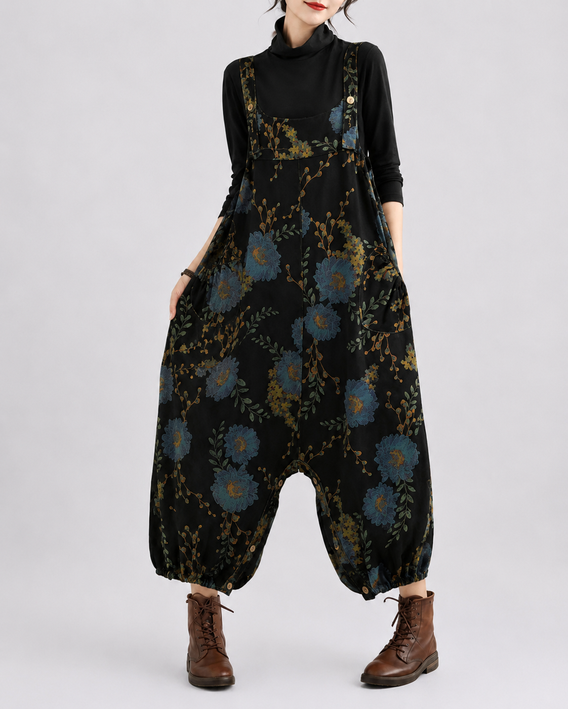 Salopette en denim floral sarouel