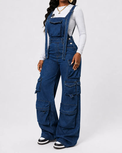 combinaison Denim Bleu Cargo Délavée
