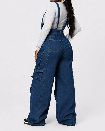 combinaison Denim Bleu Cargo Délavée