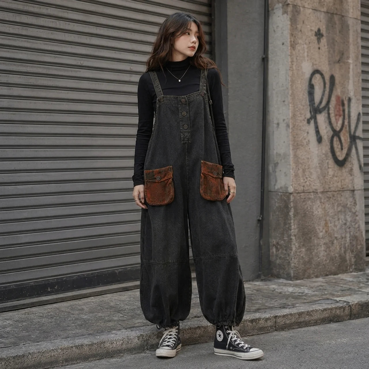 Salopette Large en Denim Brodé