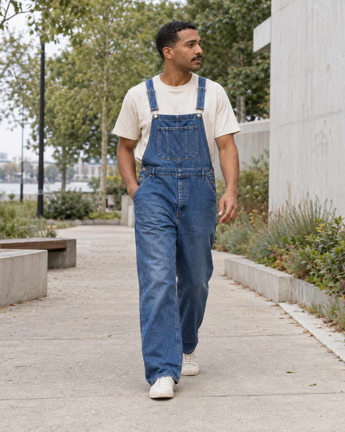 Un homme en salopette denim ample marche dans un parc urbain.