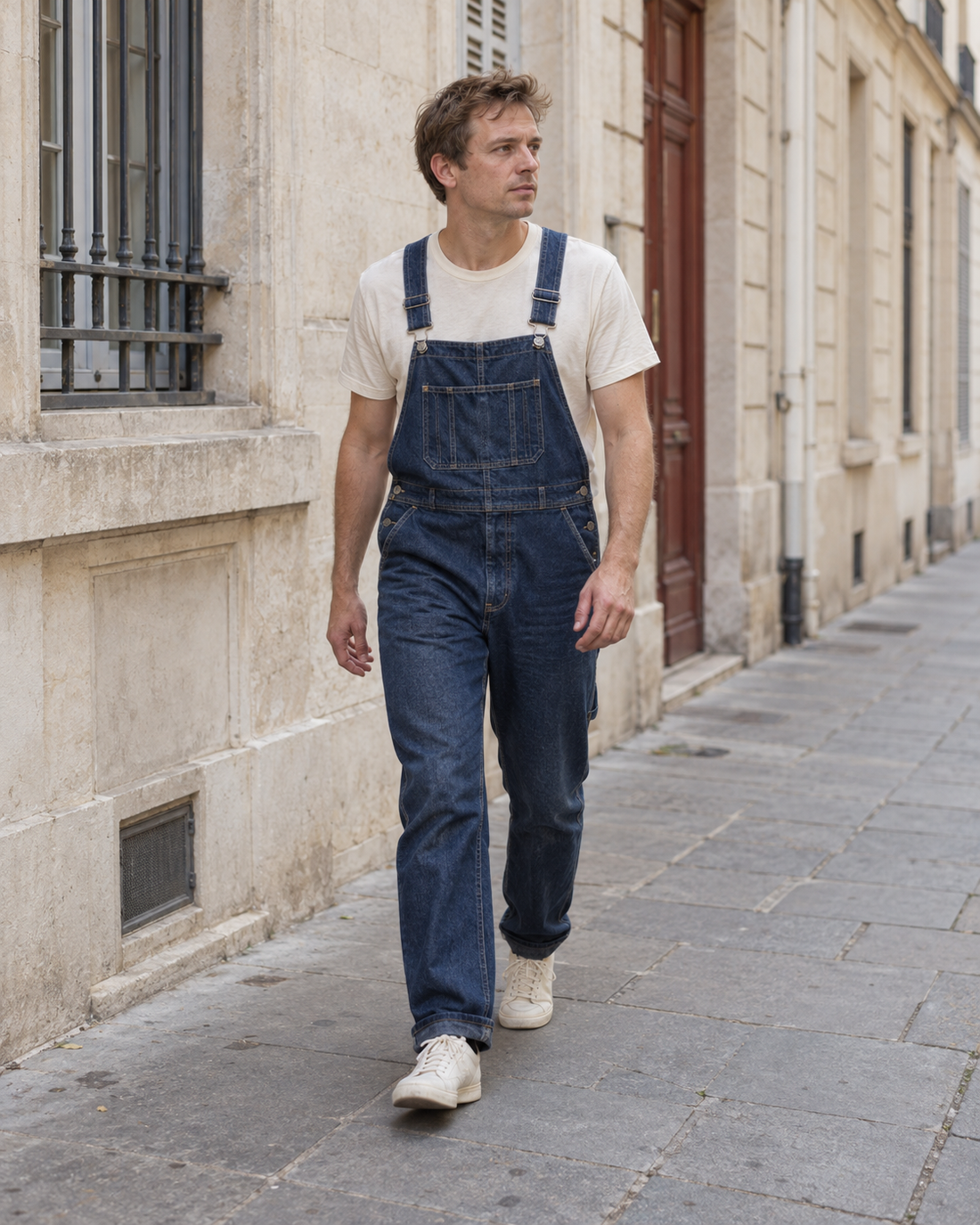 Un homme porte une salopette en denim indigo dans une rue en pierre claire.