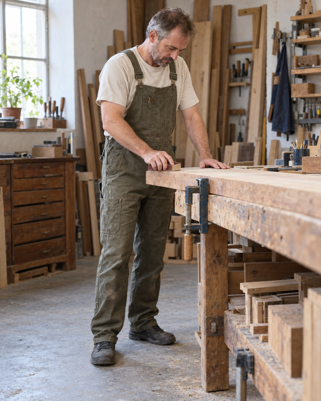Un homme en salopette de travail olive ponce une planche à l’établi.
