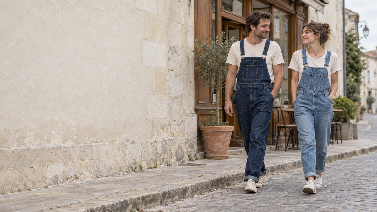 Un homme et une femme en salopette denim se promènent dans une rue française.